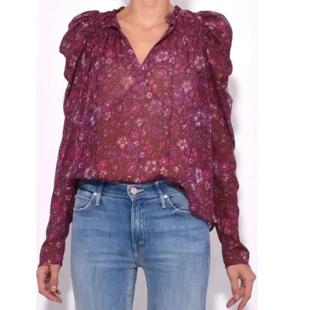 Ulla Johnson Renly Silk Paisley Floral Puff Sleeve Blouse Berry Purple Size 8